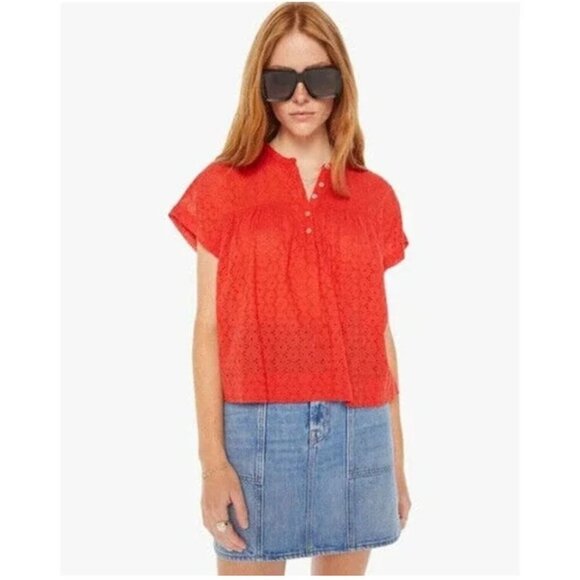 MOTHER Pop Your Top Red Eyelet Lace Peasant Top - Picture 1 of 9
